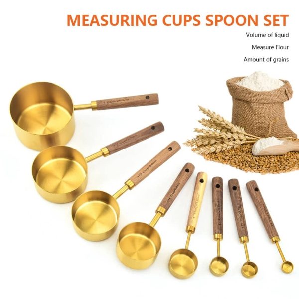 Copper Measuring Cups and Spoons Set Wood Handle Spoons
