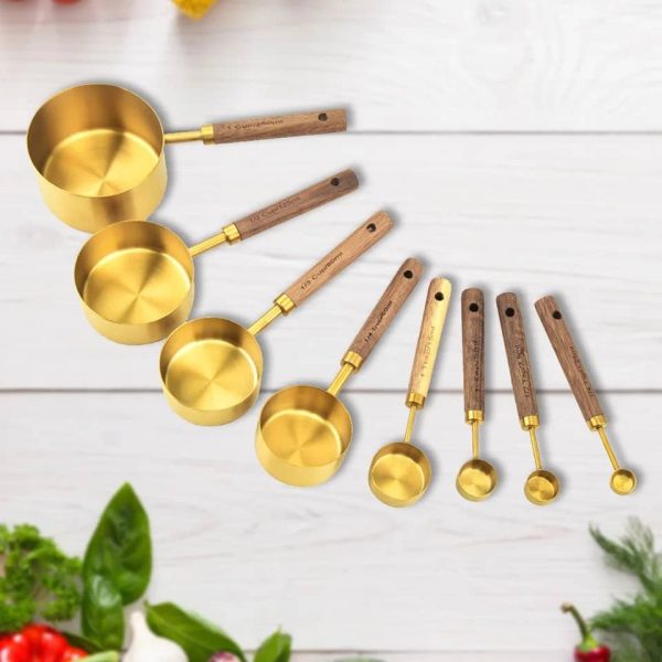 Copper Measuring Cups and Spoons Set Wood Handle Spoons